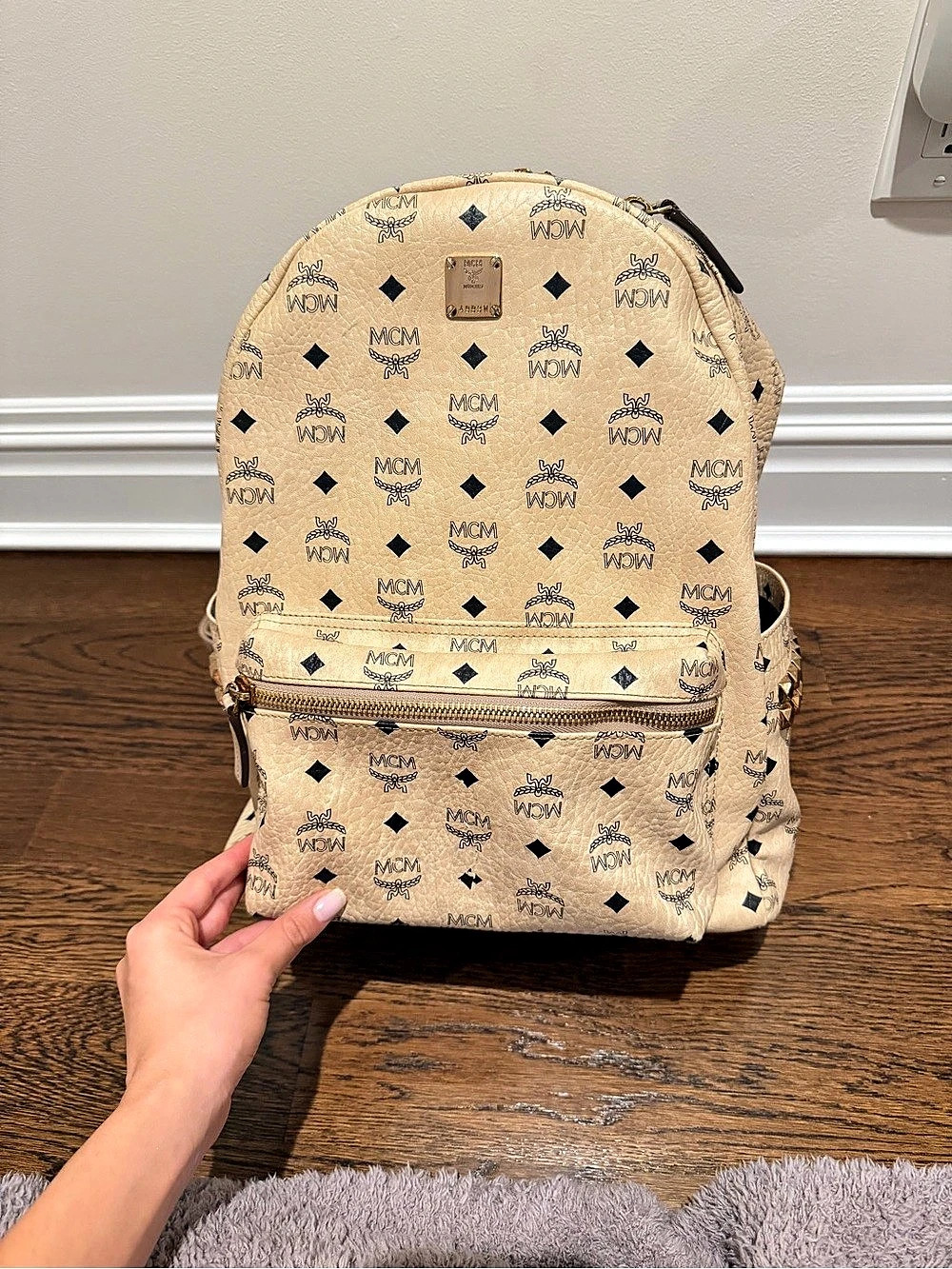 MCM Stark Side Studs Backpack in Visetos Beige & Black